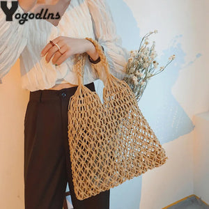 Summer Woven Beach Bag Women Mesh Rope Weaving Reticulate Hollow Straw Bag