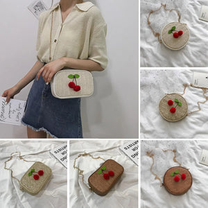 Women's Straw Woven Cherry Handbag Zipper Shoulder Beach Bag