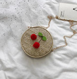 Women's Straw Woven Cherry Handbag Zipper Shoulder Beach Bag