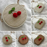 Women's Straw Woven Cherry Handbag Zipper Shoulder Beach Bag