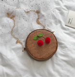 Women's Straw Woven Cherry Handbag Zipper Shoulder Beach Bag