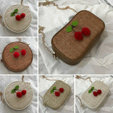 Women's Straw Woven Cherry Handbag Zipper Shoulder Beach Bag