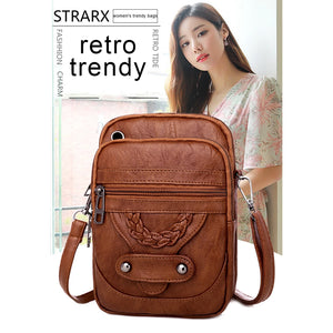 Textured Messenger Bag for Women Retro Shoulder Bag in Soft Leather Brown/Black