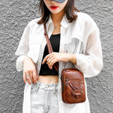 Textured Messenger Bag for Women Retro Shoulder Bag in Soft Leather Brown/Black