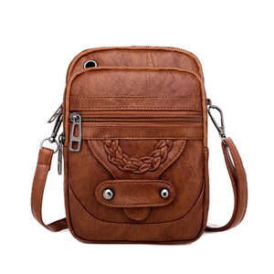 Textured Messenger Bag for Women Retro Shoulder Bag in Soft Leather Brown/Black