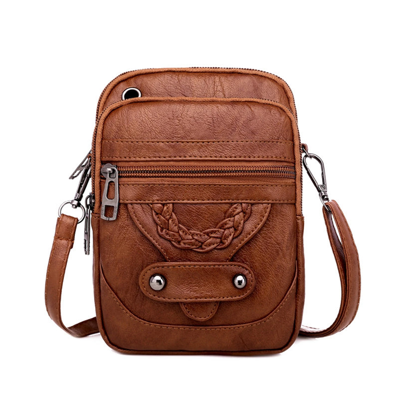 Textured Messenger Bag for Women Retro Shoulder Bag in Soft Leather Brown/Black