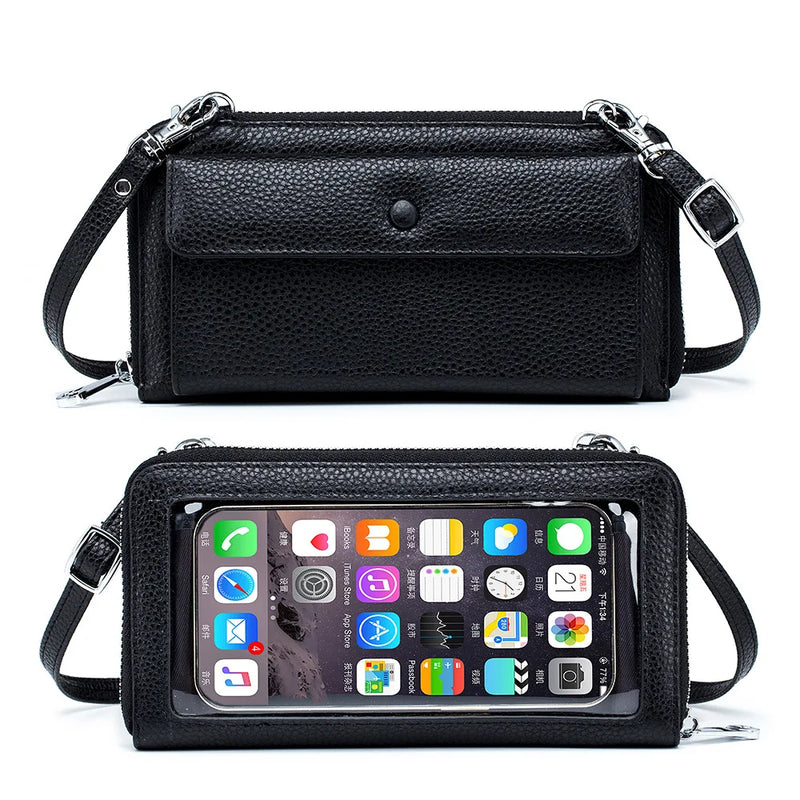 Touch Screen Leather Mobile Phone Bag Transparent Multi-function Messenger