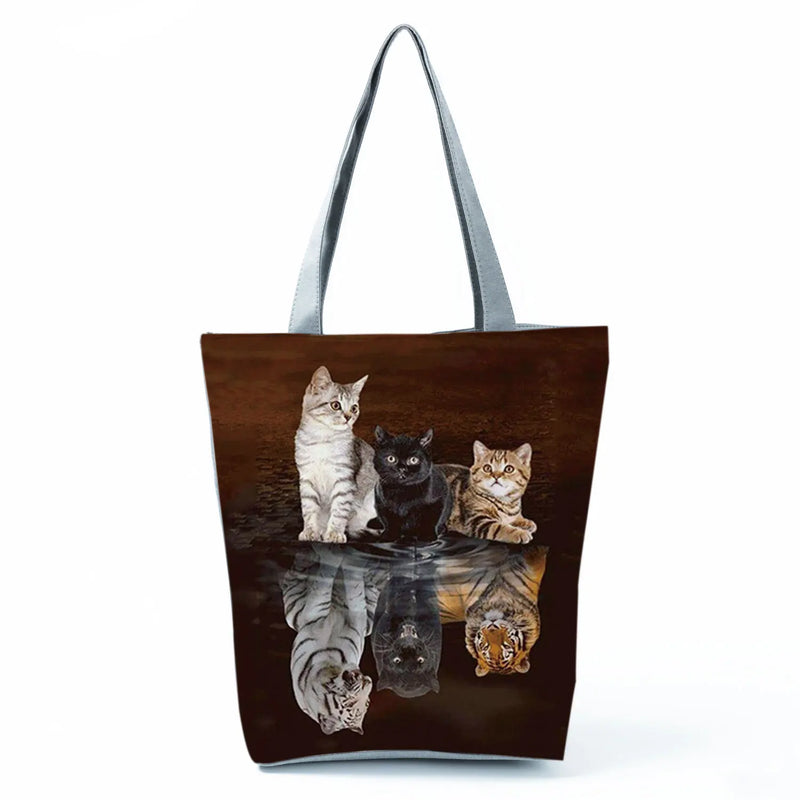 Cat Printed Shoulder Shopping Bag Large Capacity Handbag Tote