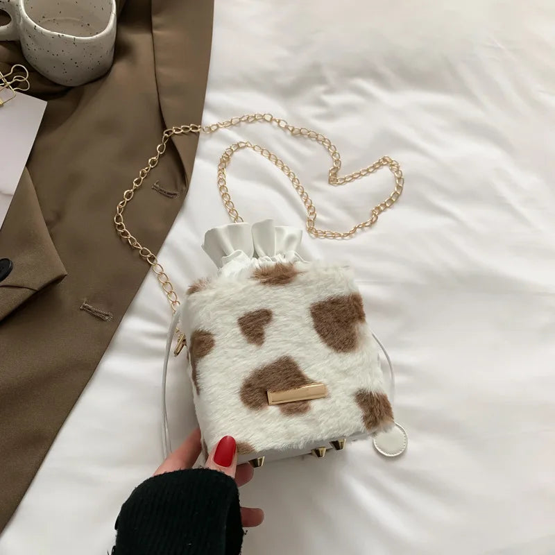 Heart Prints Messenger Chain Shoulder Bag Plush Crossbody Bags for Women