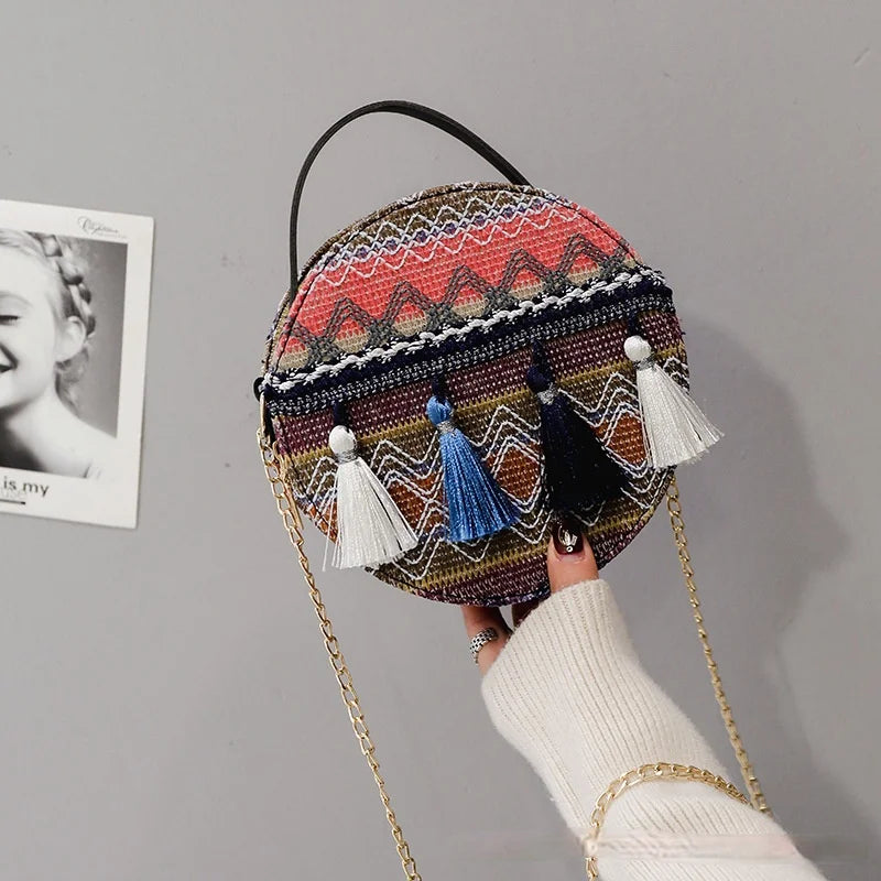 Ethnic Style Woolen Cloth Chain Mini Round Bag Tassel Shoulder Messenger