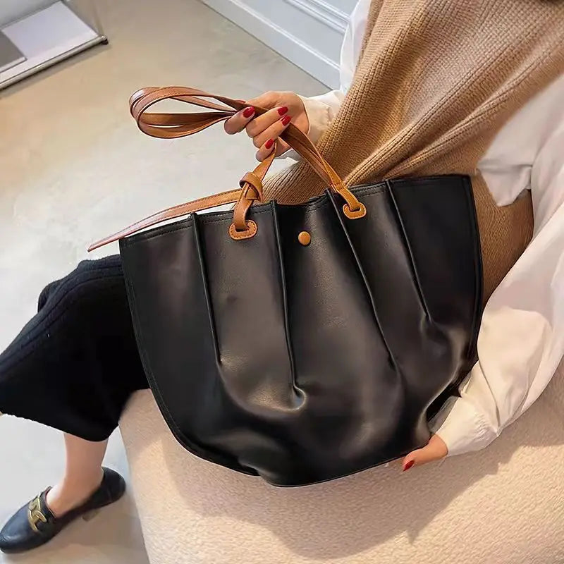 Women Pleated Leather Shoulder Bag Large Capacity Tote Bolsa Tote Bag