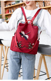 Waterproof Oxford Women Backpack Dragonfly Flower Embroidered Rucksack