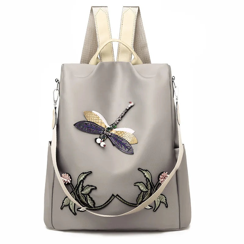 Waterproof Dragonfly Flower 3D Embroidered Backpack for Girls