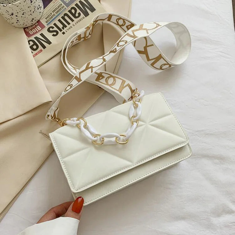 Solid Square Crossbody Bags with Wide Strap Chain