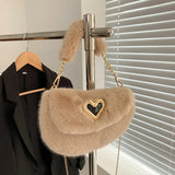 Winter Fluffy Saddle Shoulder Bag Metal Heart Badge Underarm Bag Love Heart Fur