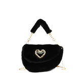 Winter Fluffy Saddle Shoulder Bag Metal Heart Badge Underarm Bag Love Heart Fur