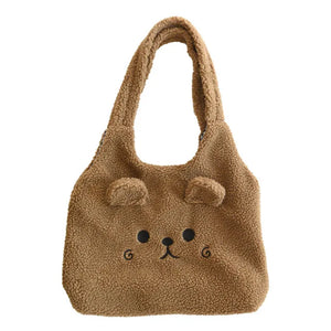 Winter Soft Plush Tote Bag Women Cartoon Embroidery Lamb Hair Shoulder Bag