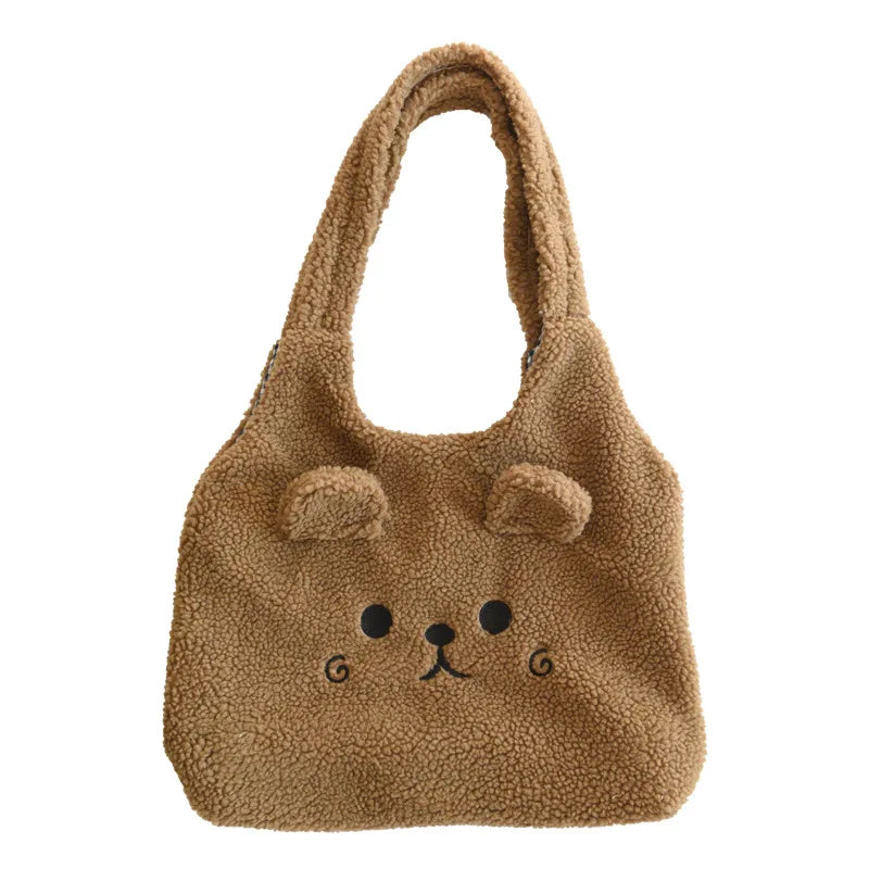 Winter Plush Tote Bag Women Cartoon Embroidery Shoulder Bag