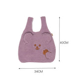 Winter Plush Tote Bag with Cartoon Embroidery