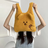 Winter Plush Tote Bag with Cartoon Embroidery