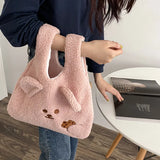 Winter Plush Tote Bag with Cartoon Embroidery