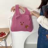 Winter Plush Tote Bag with Cartoon Embroidery