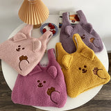 Winter Plush Tote Bag with Cartoon Embroidery