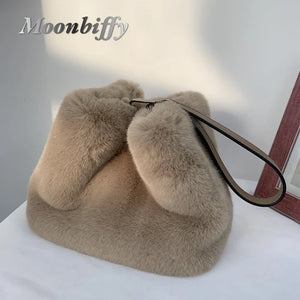 Winter Women Handbags Faux Mink Fur Plush Shoulder Bucket Bags