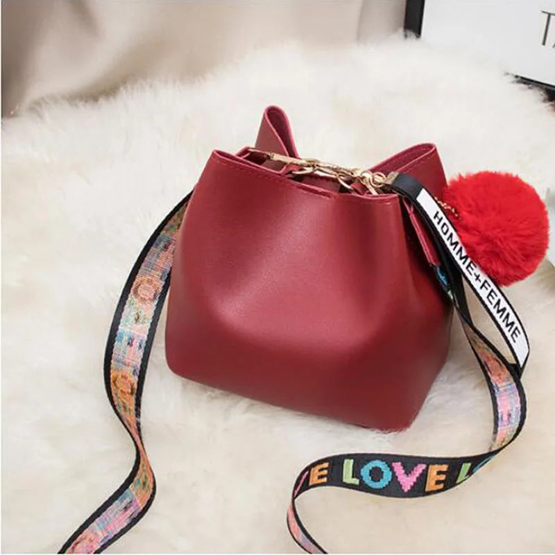Colorful Strap Bucket Shoulder Bag PU Leather Crossbody Messenger