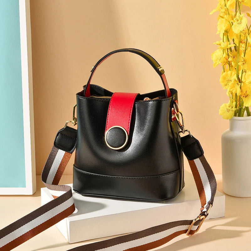 Colorful Strap Bucket Bag PU Leather Shoulder Bags Women