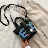 Doodle Letter Messenger Shoulder Bag Girls Drawstring Bucket Crossbody Bag