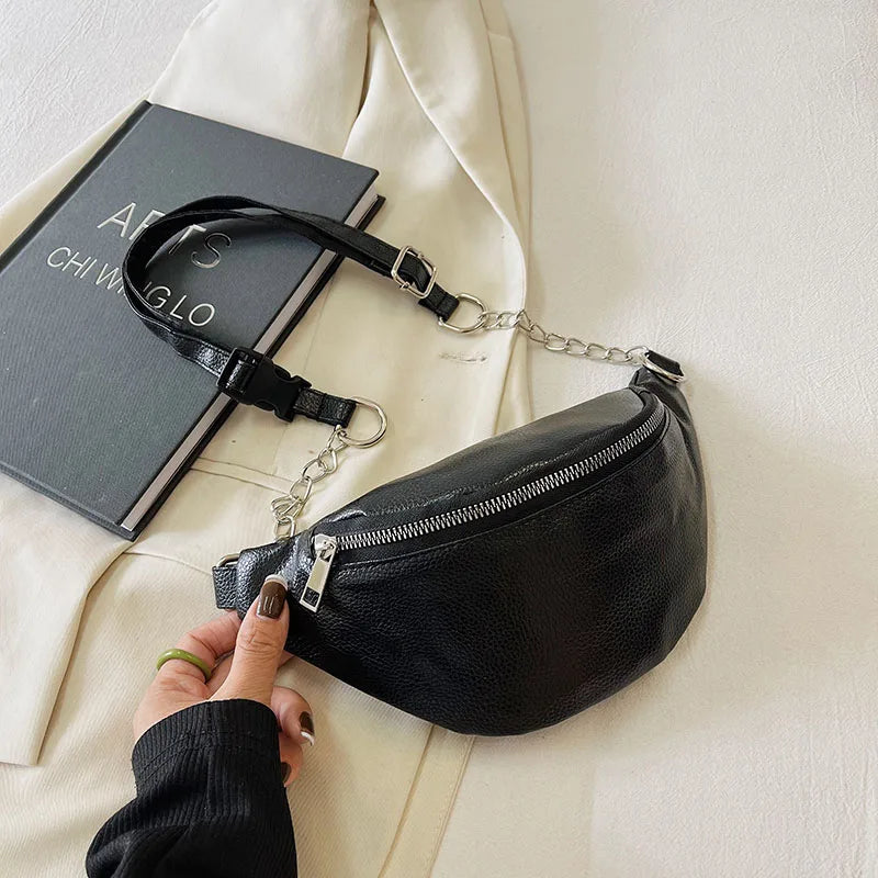 Women Leather Chain Waist Bag Fanny Pack Crossbody Chest Bag