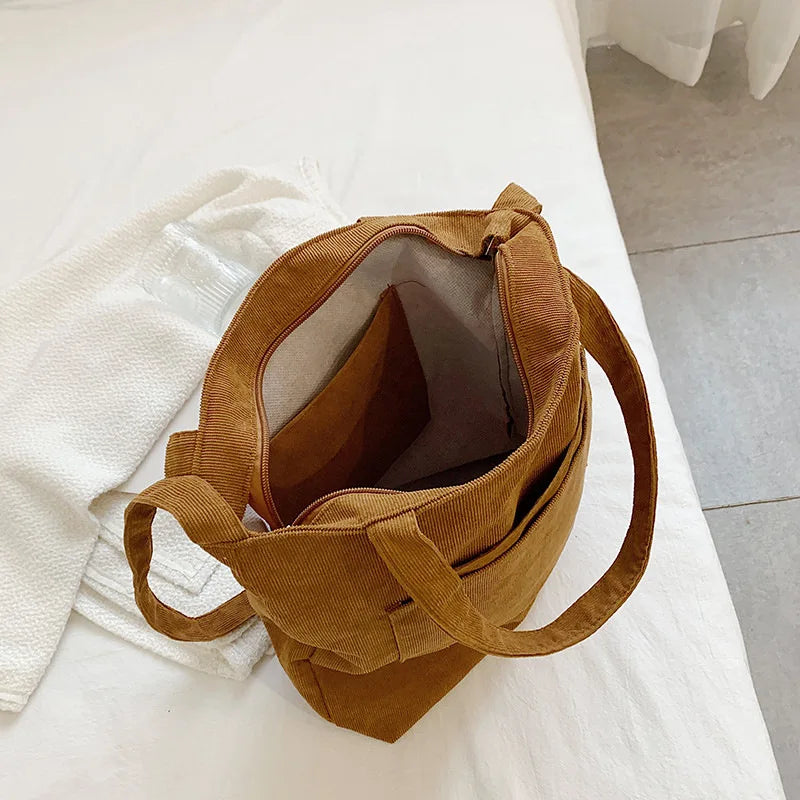 Women Corduroy Shoulder Shopping Bags Reusable Casual Travel Tote