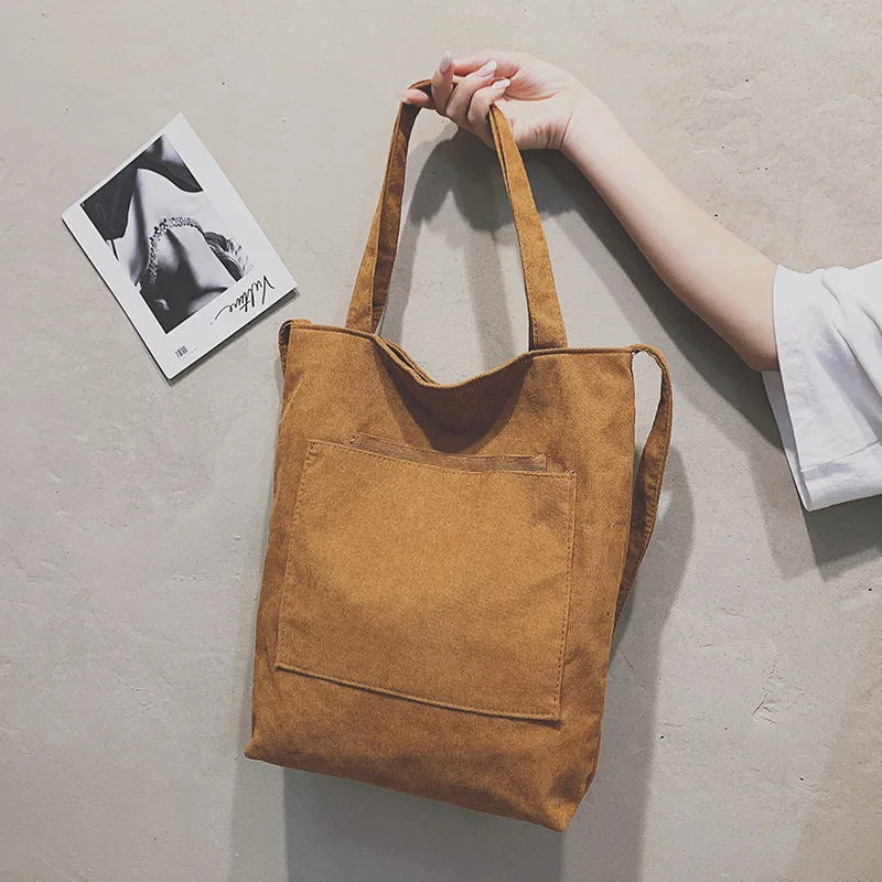 Women Corduroy Shoulder Shopping Bags Reusable Casual Travel Tote