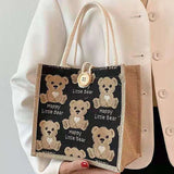 Women Girls Bear Canvas Tote Bags Large Capacity Lunch Bag