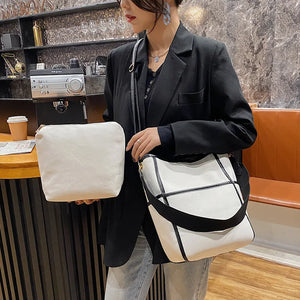 Canvas Shoulder Bag Wide Strap Messenger Bucket Bag