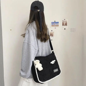 Women Corduroy Messenger Bag Large Capacity Student Shoulder Satchel
