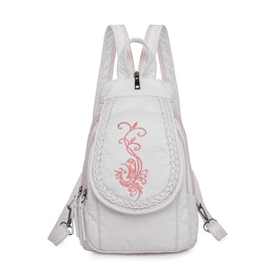 Women Leather Backpack Small Travel Backpack Flowers Embroidery School Bags