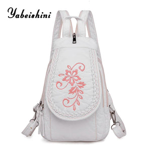 Women Leather Backpack Small Travel Backpack Flowers Embroidery School Bags