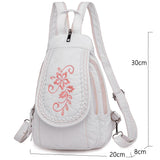 Women Leather Backpack Small Travel Backpack Flowers Embroidery School Bags