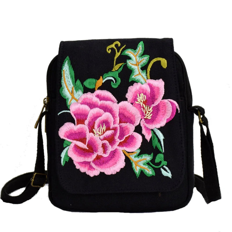Boho Floral Embroidery Messenger Bag Canvas Small Coins Purse Shoulder Bags