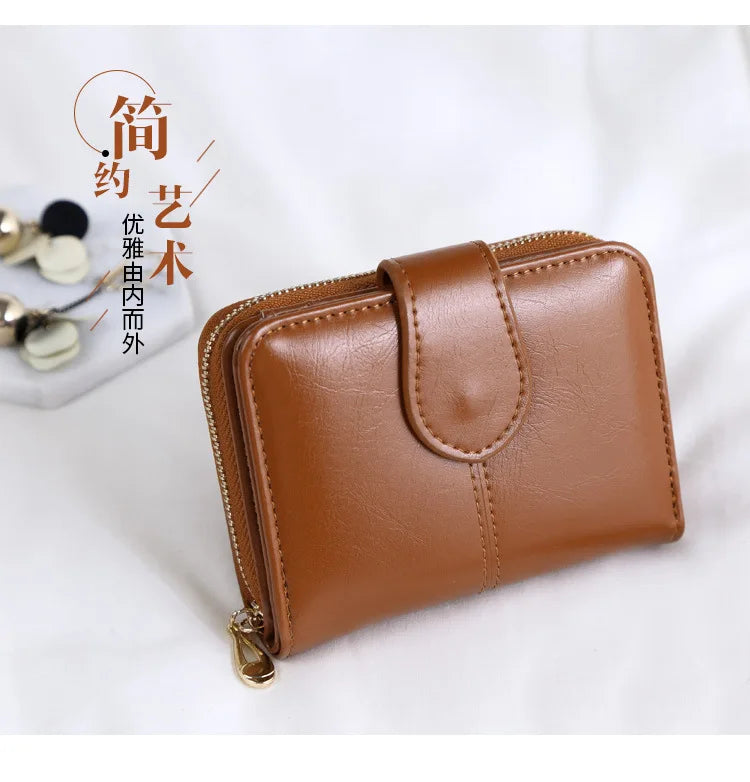 Women Retro Zipper Wallet Oil Wax Leather Short Wallet Small Card Bag