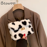 Heart Prints Plush Shoulder Bag Faux Fur Messenger Square Bags
