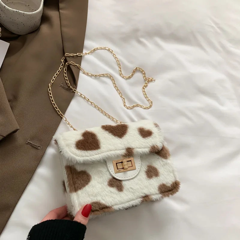 Heart Prints Plush Shoulder Bag Faux Fur Messenger Square Bags