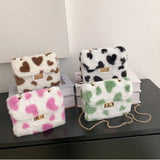 Heart Prints Plush Shoulder Bag Faux Fur Messenger Square Bags