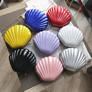 Women's Patent Leather Chain Messenger Bag with Scallop Design