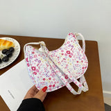 Women Small Shoulder Bags Flowers Handbag Canvas Tote Chain Underarm Bag