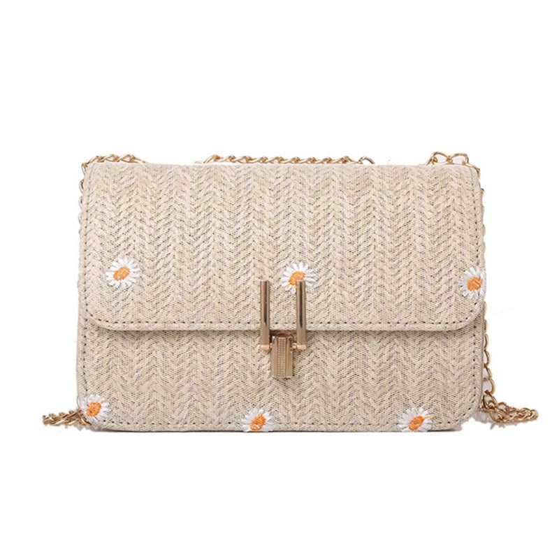 Women Straw Woven Shoulder Crossbody Messenger Bag Summer Beach Chain Handbag