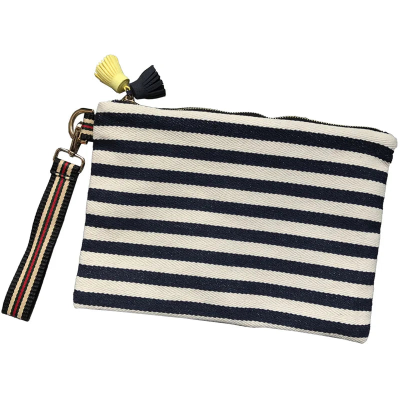 Women Striped Clutch Tassel Lady Small Bag Canvas Purse Envelope Bag