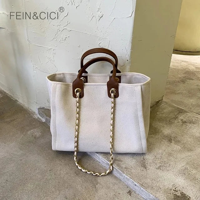 Women Tote Bag Canvas Large Handbag Chains Leather Shoulder Bags